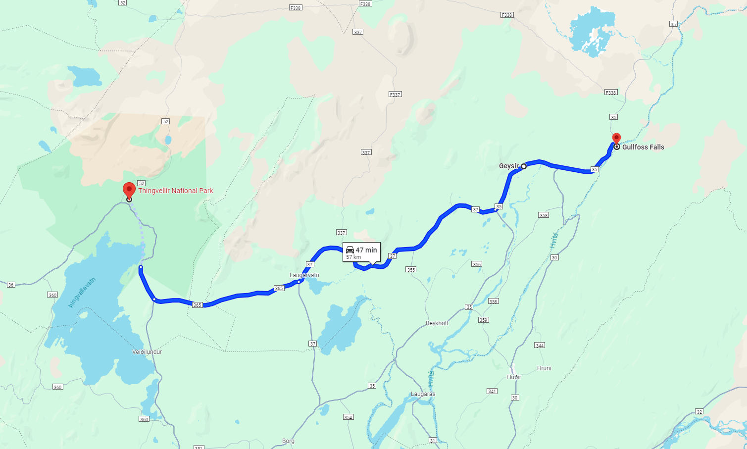 kaart met route van golden circle IJsland