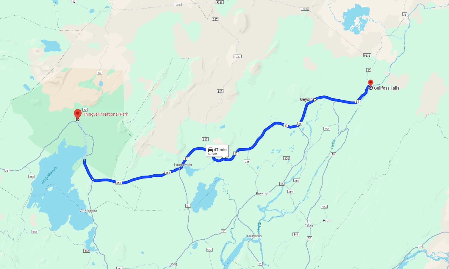 kaart met route van golden circle IJsland